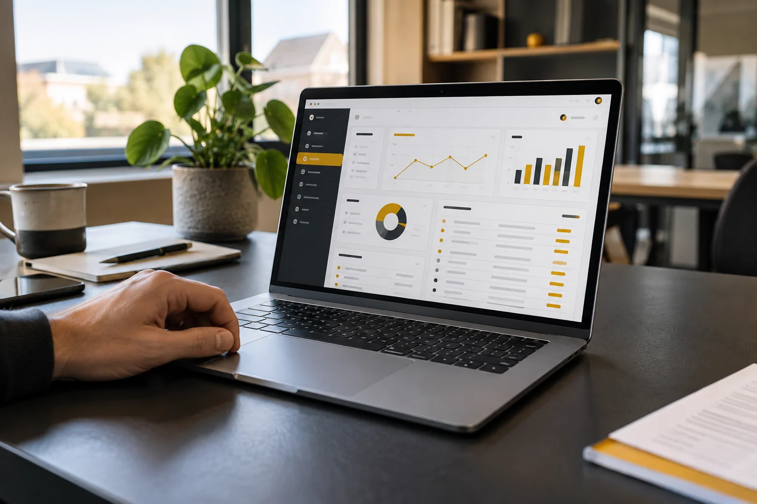 Laptop met een overzichtelijk dashboard op een bureau in een lichte kantooromgeving