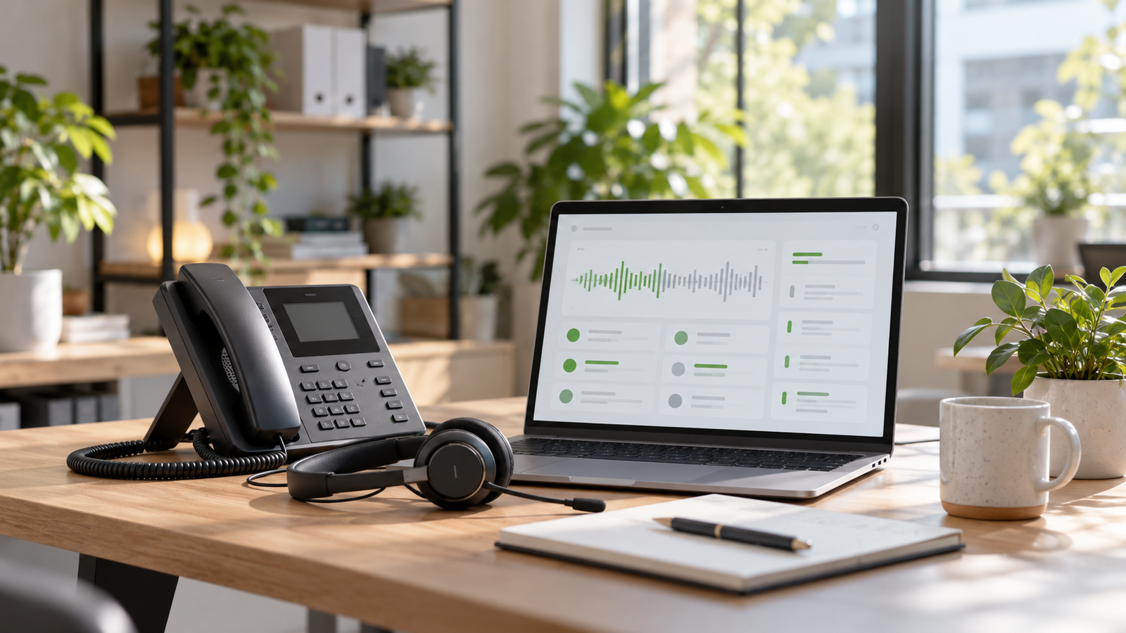 Illustratief kantoor met zakelijke telefoon, headset en laptop met gespreksvisualisatie