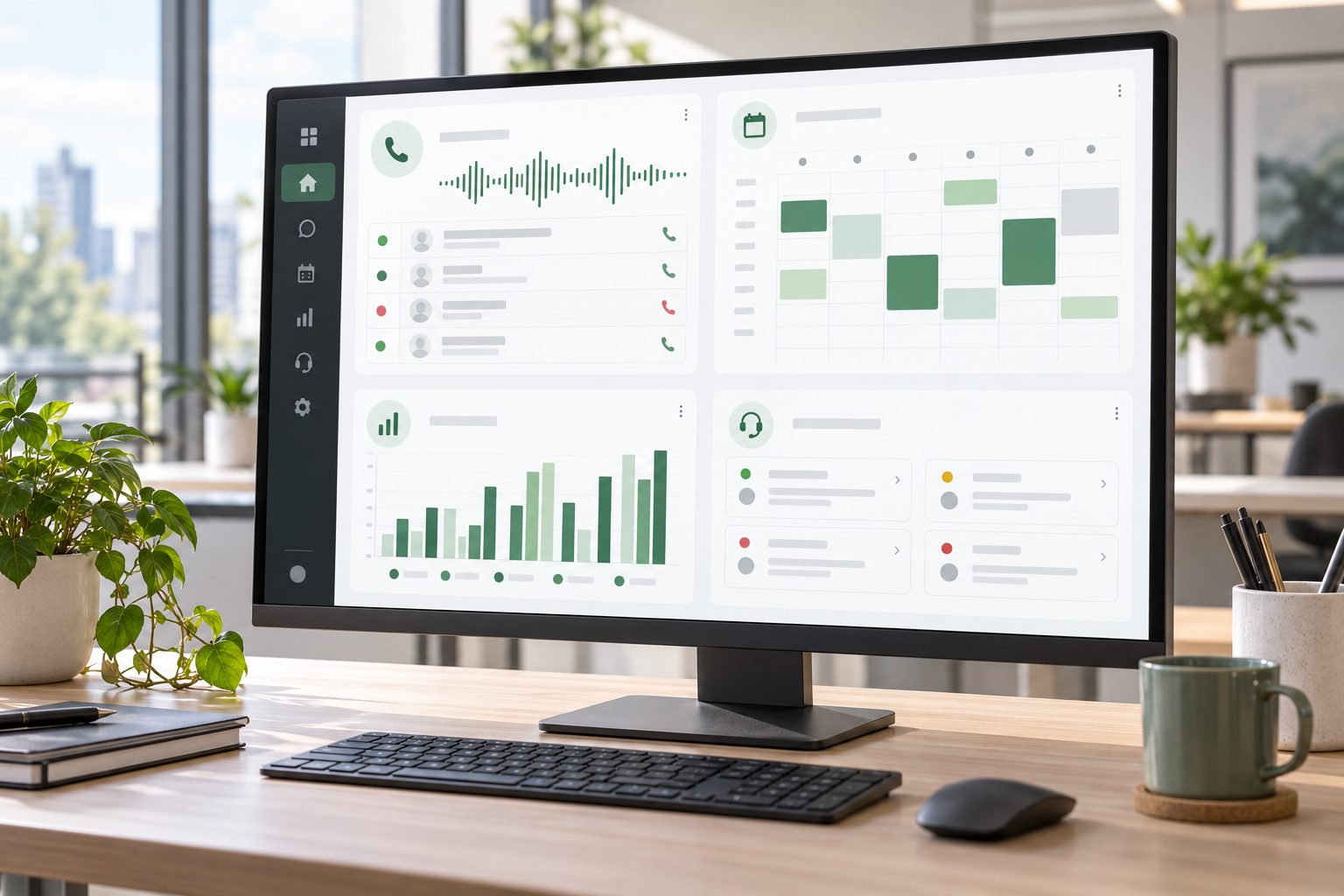 Ontwerpillustratie van een beeldscherm met vier dashboardpanelen voor telefonie, planning, verkoop en service